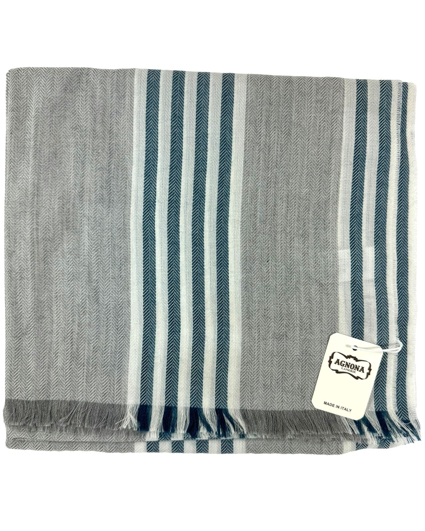 Agnona Scarf Gray Green Stripes - Luxury Linen Silk Cashmere Shawl