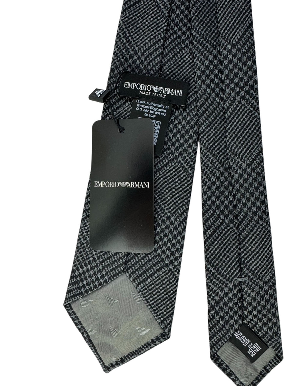 Armani Necktie Charcoal Black Houndstooth Grid - Cotton Silk