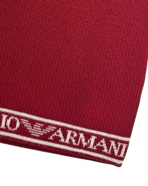 Dark red scarf with 'Armani' logo border on a white background