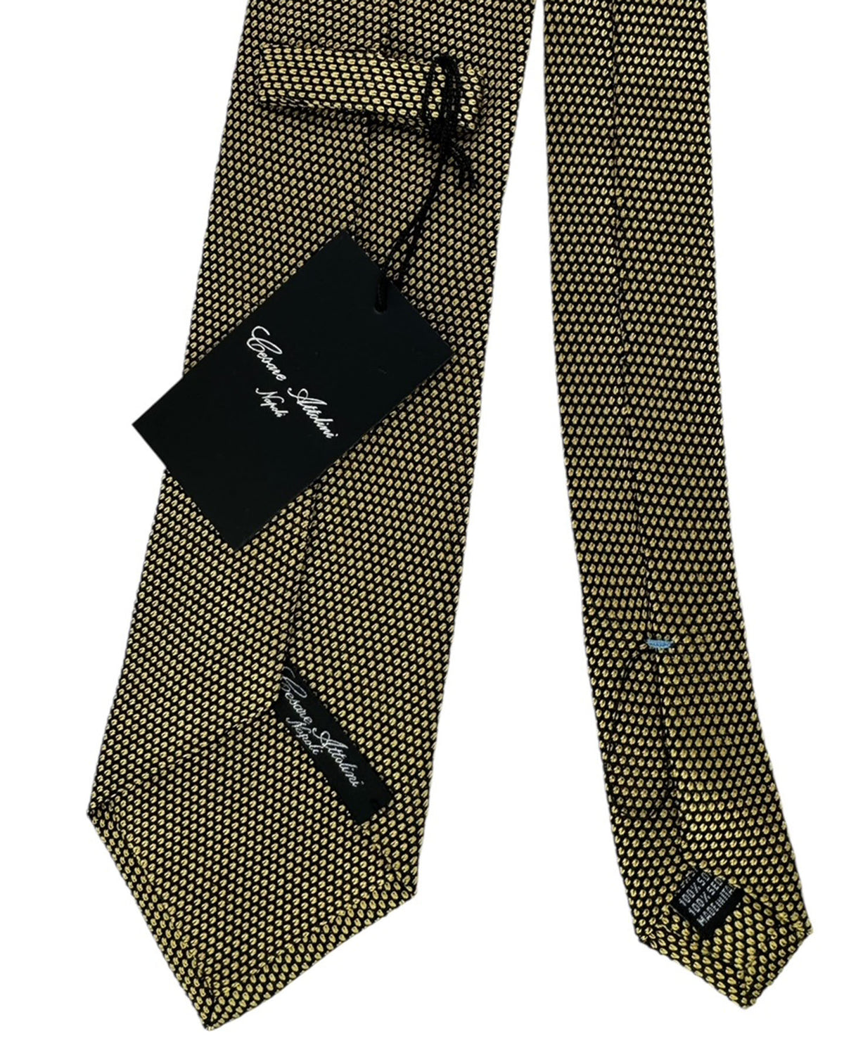 Cesare Attolini Unlined Tie Black And Olive Gold Woven Dots