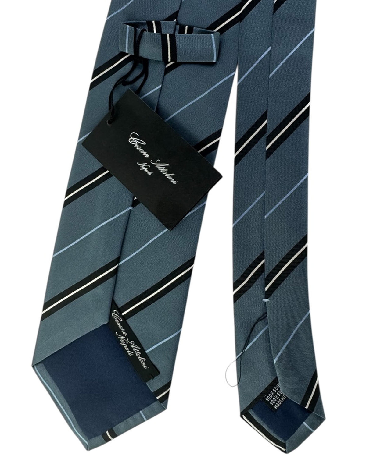Cesare Attolini Tie Teal Blue Striped With Black And White Accents