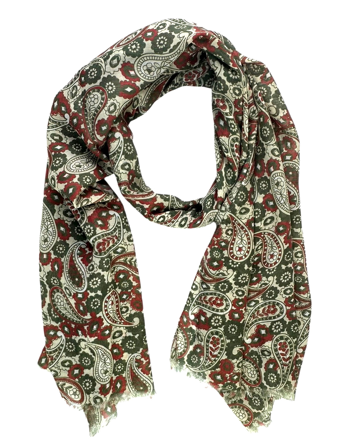 Cesare Attolini Scarf Forest Green Red White Paisley - Luxury Cashmere Cotton Shawl FINAL SALE