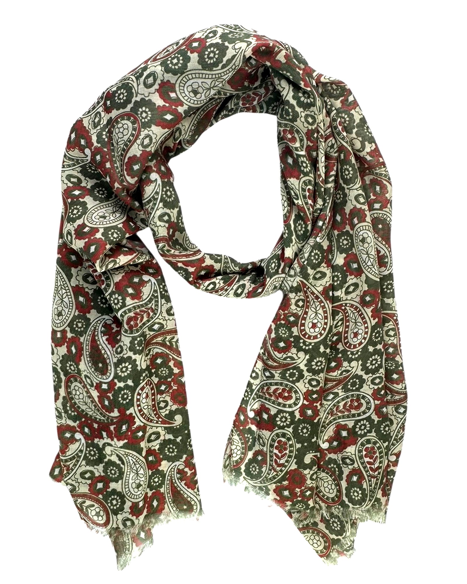 Cesare Attolini Scarf Forest Green Red White Paisley - Luxury Cashmere Cotton Shawl FINAL SALE