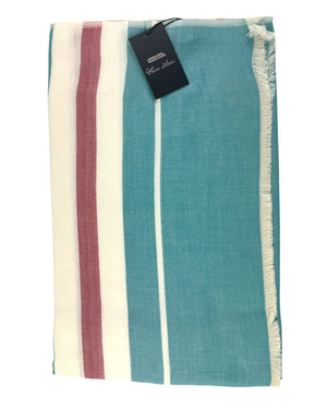 Cesare Attolini Scarf White Aqua Red - Cotton Silk Shawl