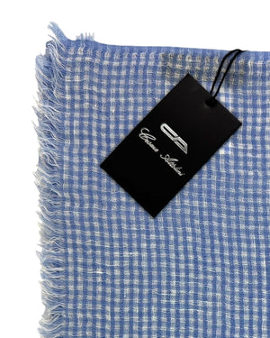 Cesare Attolini Scarf Blue White Check - Linen Cashmere Silk Shawl