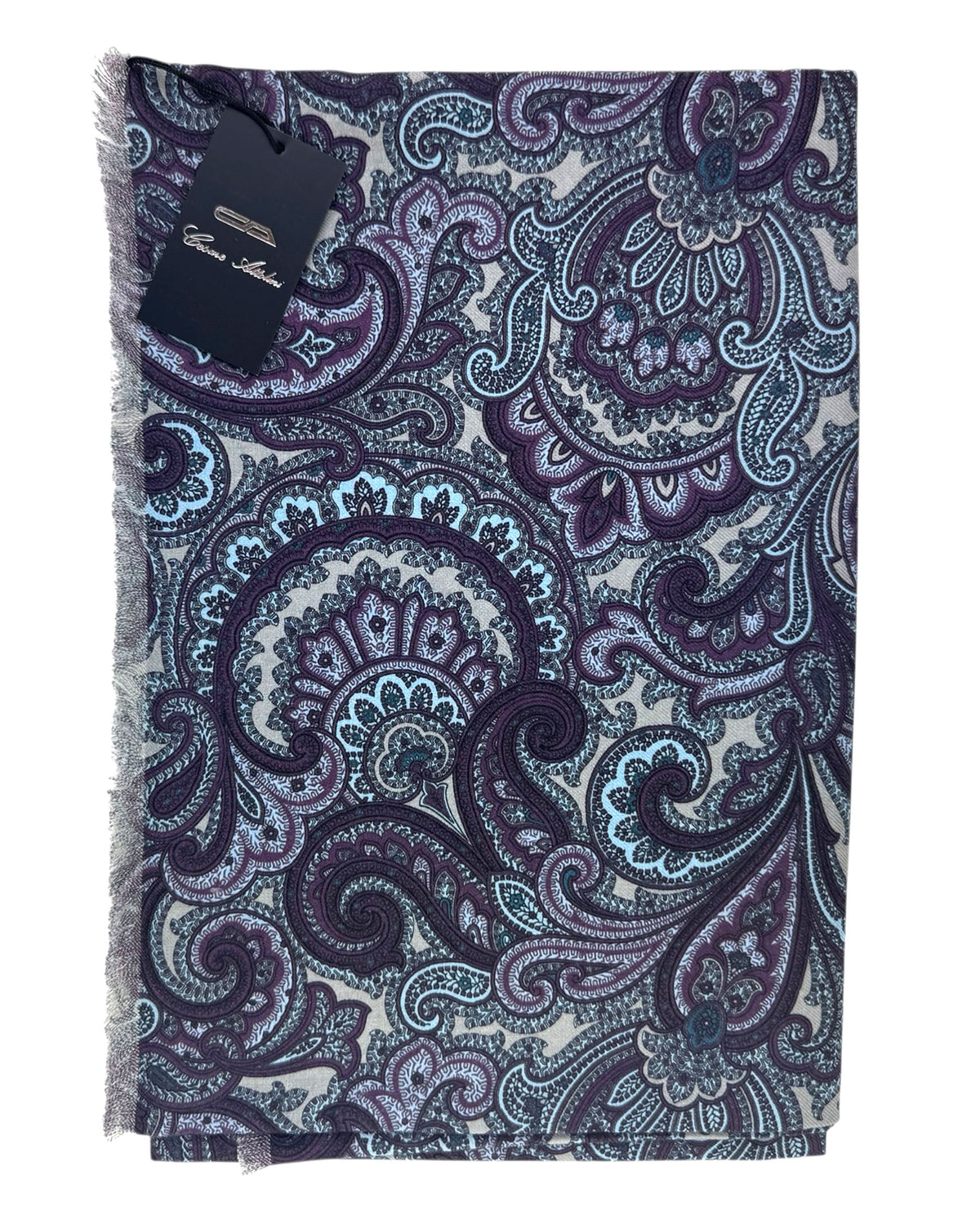 Cesare Attolini Scarf Gray Purple Paisley Ornamental Cashmere Silk