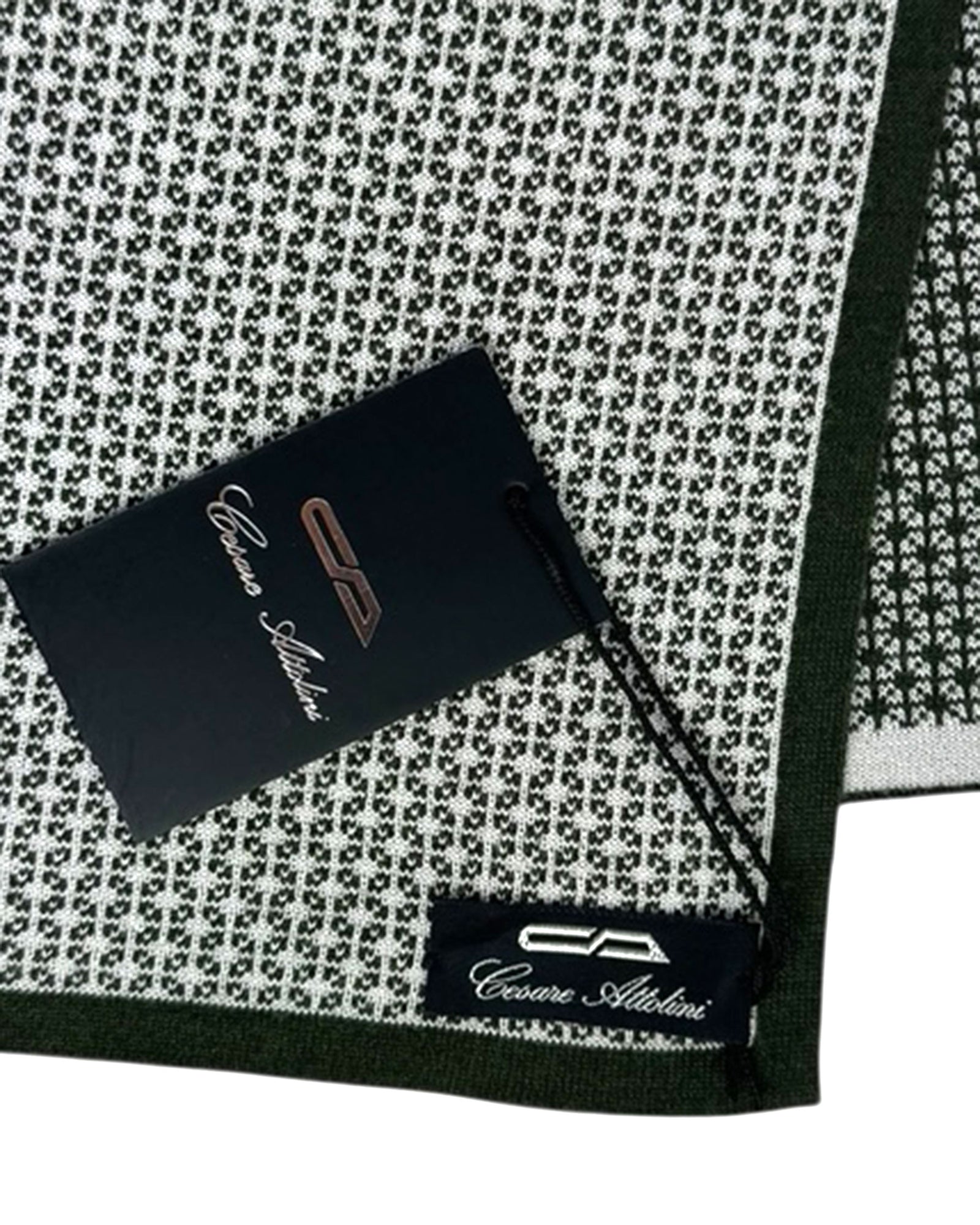 Cesare Attolini Scarf Dark Green Gray Geometric - Luxury Wool Silk Shawl
