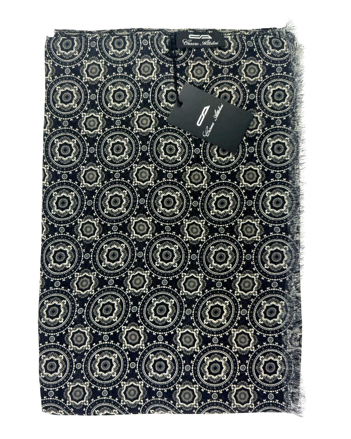 Cesare Attolini Scarf Black Gray Medallion - Cashmere Cotton