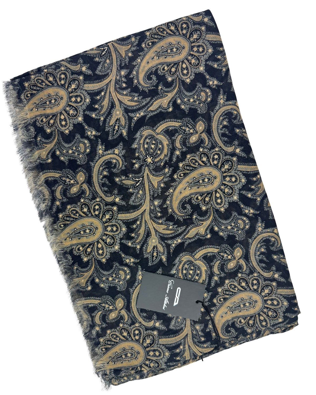 Attolini Scarf Midnight Blue Taupe Paisley - Cashmere Cotton