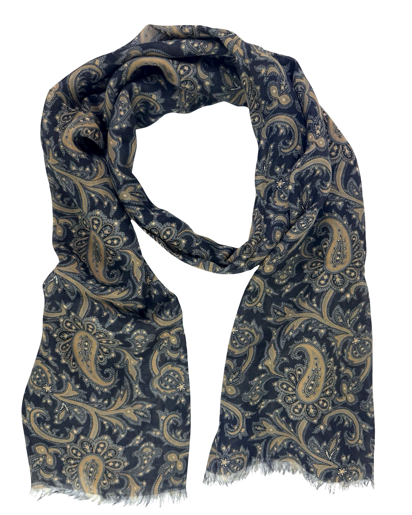 Cesare Attolini Scarf Midnight Blue Taupe Paisley - Cashmere Cotton