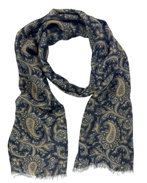 Cesare Attolini Scarf Midnight Blue Taupe Paisley - Cashmere Cotton