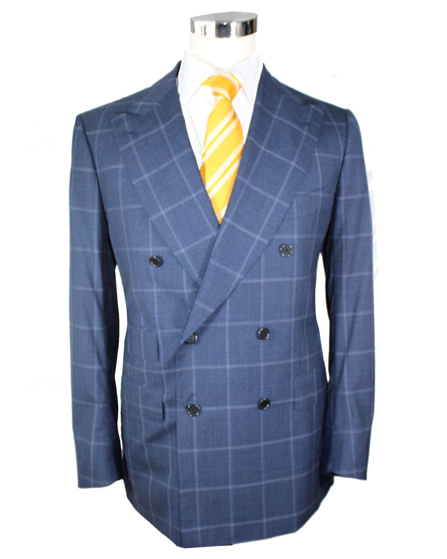 Cesare Attolini Suit Dark Blue Windowpane Double Breasted 