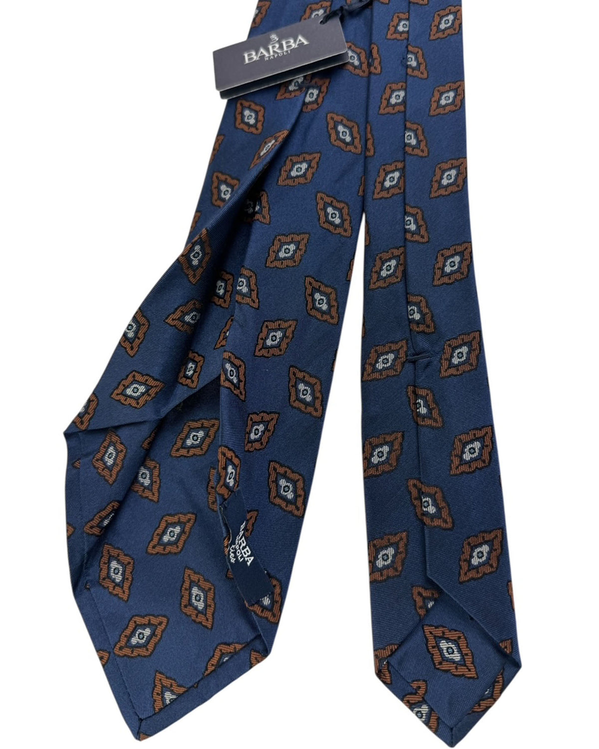 Barba Sevenfold Tie Navy with Rust Geometric Medallions