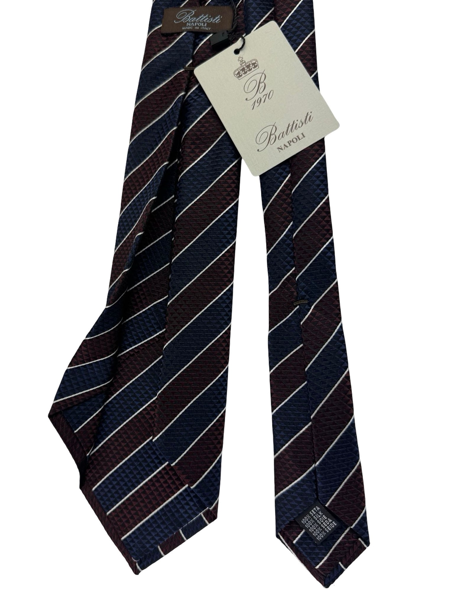 Battisti Sevenfold Tie Midnight Blue Brown Silver Patterned Stripes