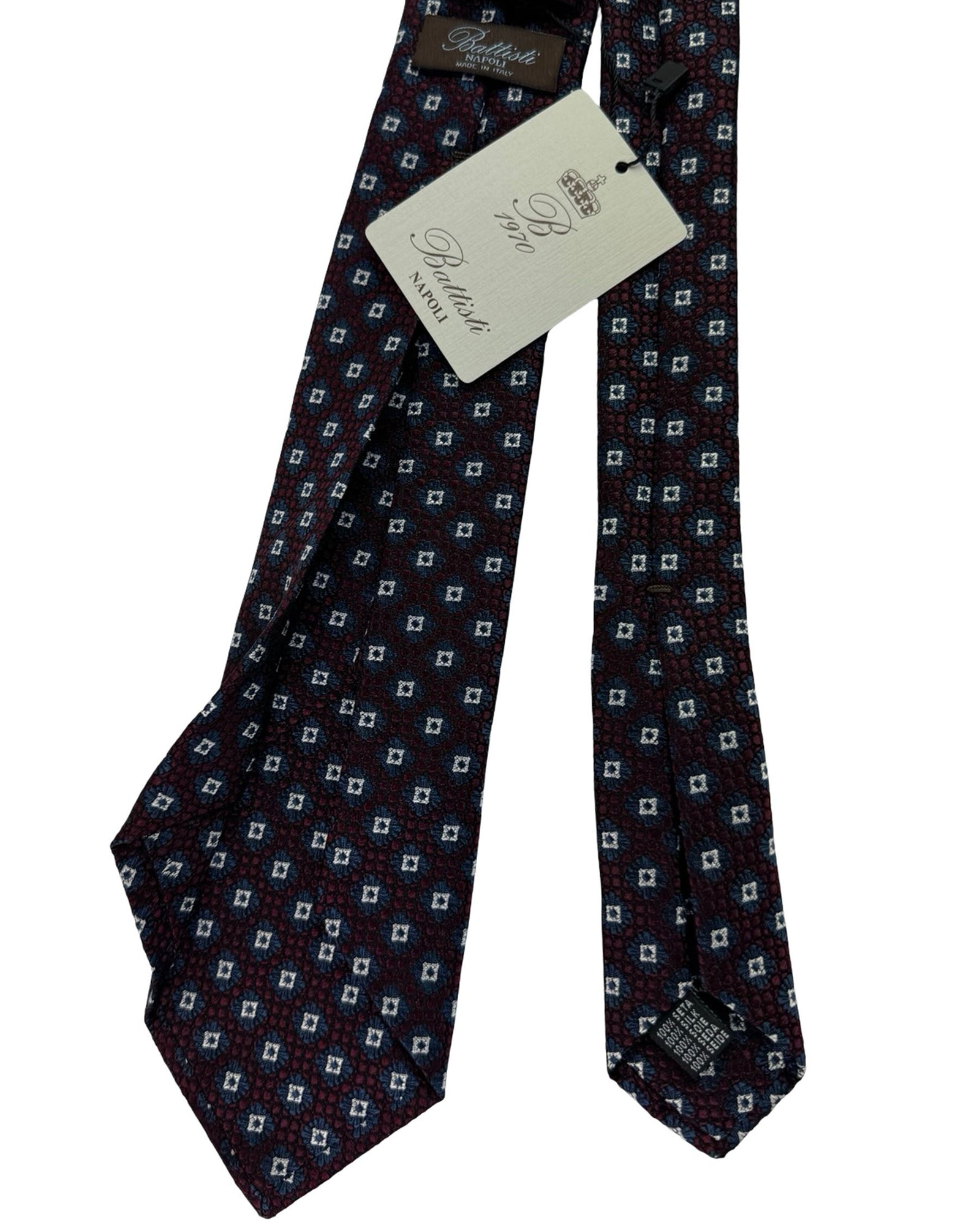 Battisti Sevenfold Tie Midnight Blue And Maroon Medallion