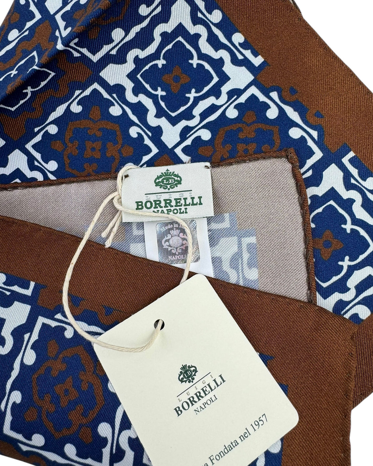 Luigi Borrelli Wool Pocket Square Navy Brown Geometric Tile with Brown Border