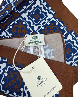 Luigi Borrelli Wool Pocket Square Navy Brown Geometric Tile with Brown Border