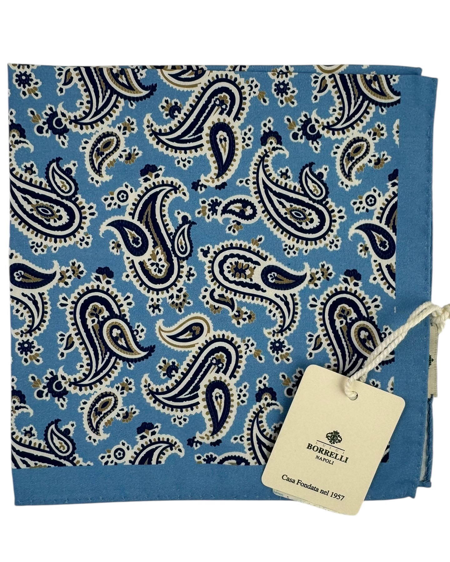 Luigi Borrelli Wool Pocket Square Sky Blue Paisley Scatter Pattern