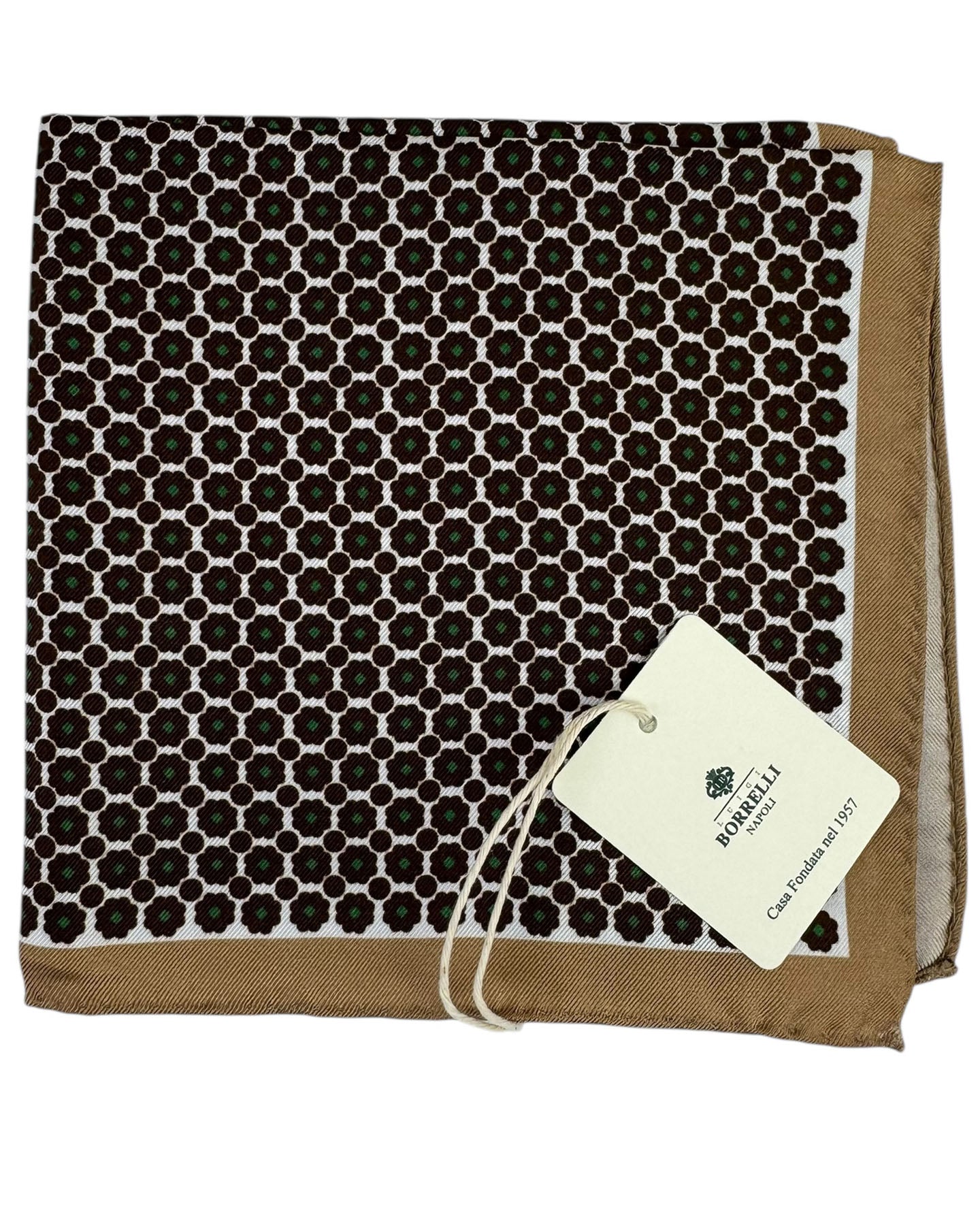 Luigi Borrelli Wool Pocket Square Brown Green Honeycomb Lattice with Tan Border
