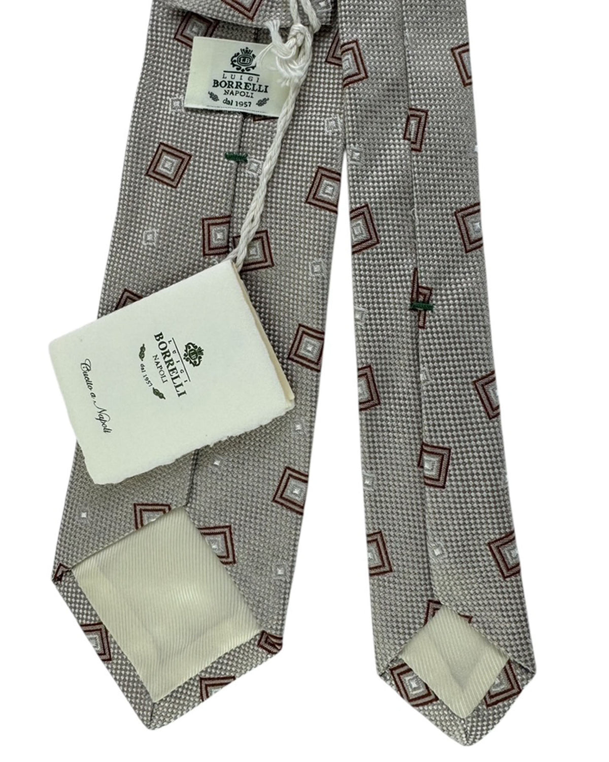 Luigi Borrelli Tie Taupe With Burgundy Square Pattern