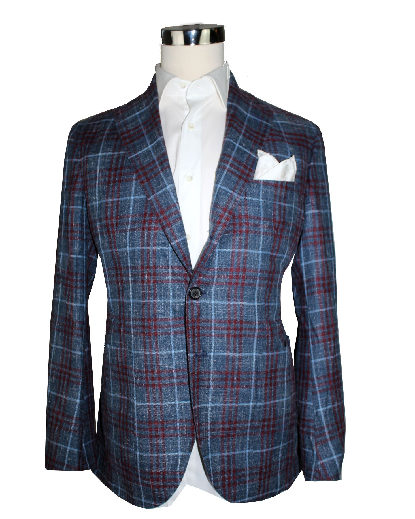 Luigi Borrelli Sport Coat Midnight Blue Maroon Plaid EU 54/ US 44 Royal Collection