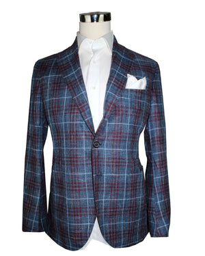 Luigi Borrelli Sport Coat Midnight Blue Maroon Plaid EU 54/ US 44 Royal Collection