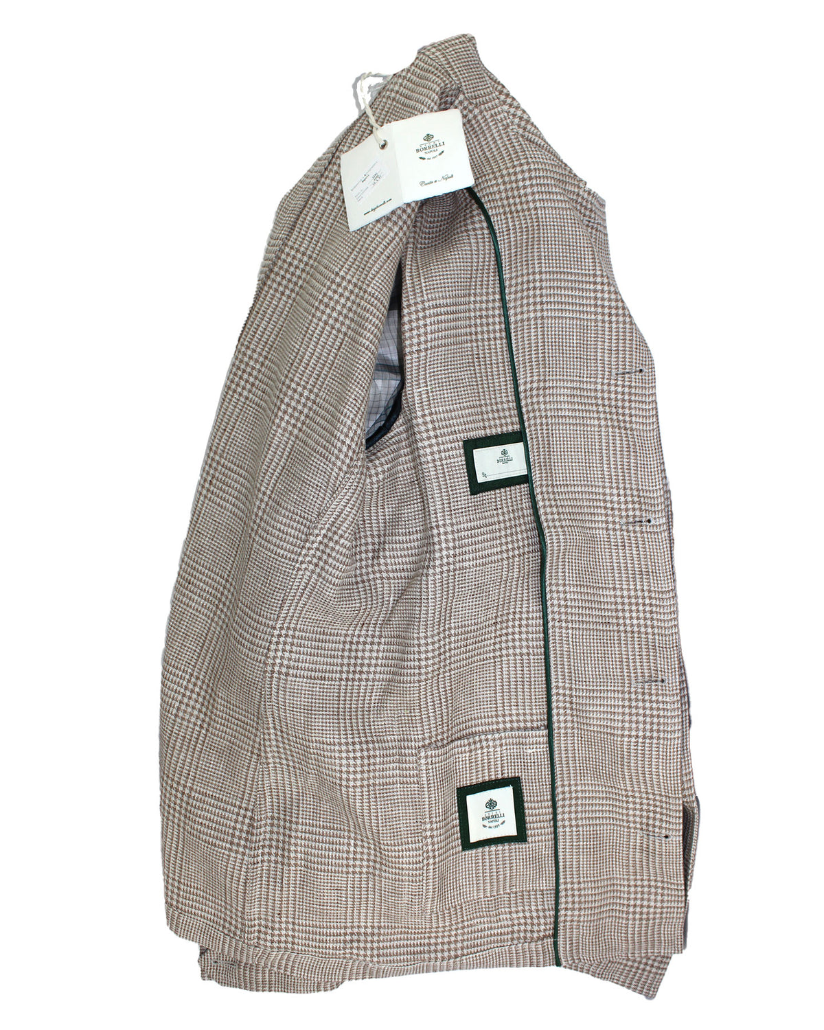 Luigi Borrelli Coat Taupe-Gray Glen Check Wool Linen EU 44 / US 34