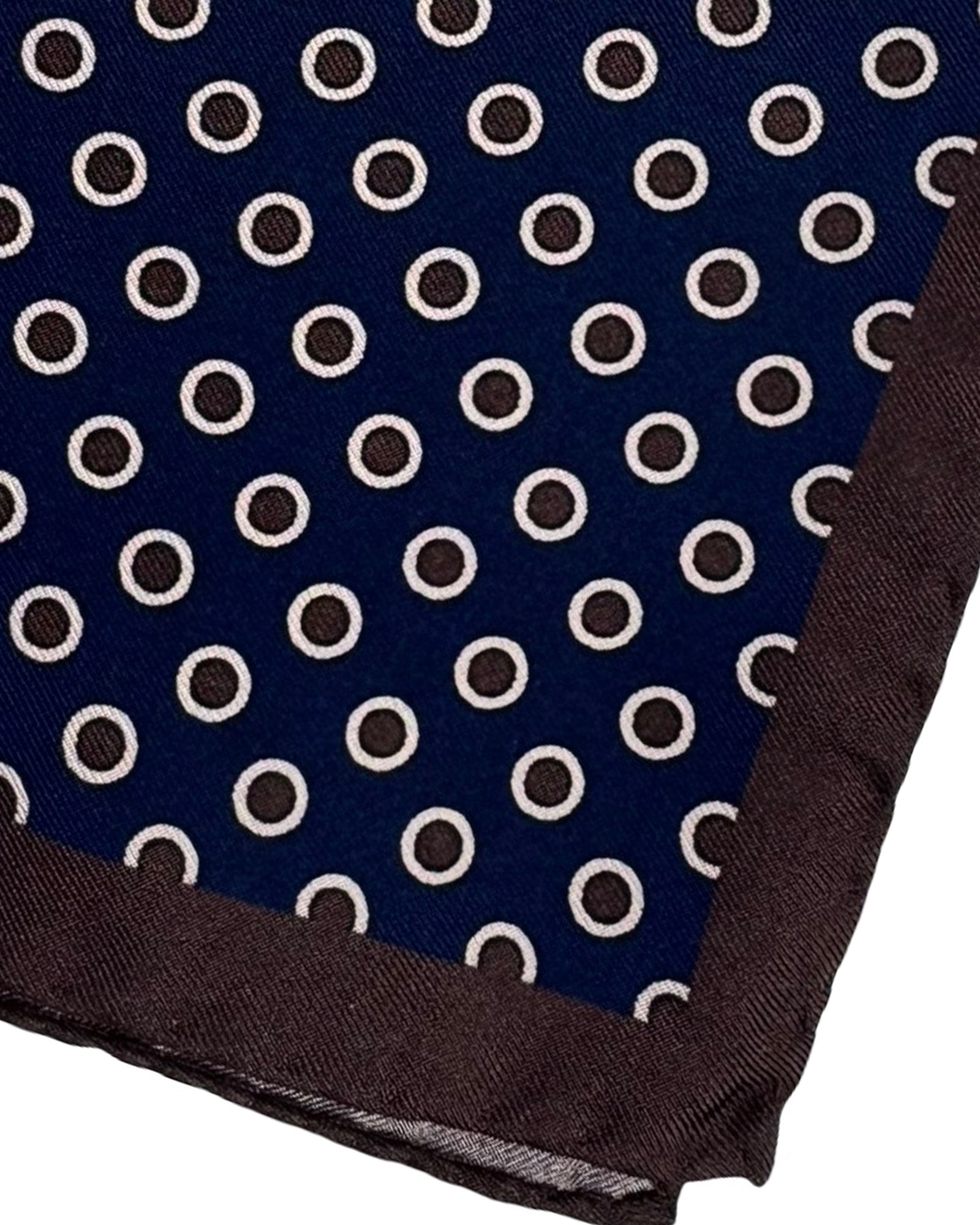 Luigi Borrelli Silk Pocket Square Midnight Blue Brown Dots Circles