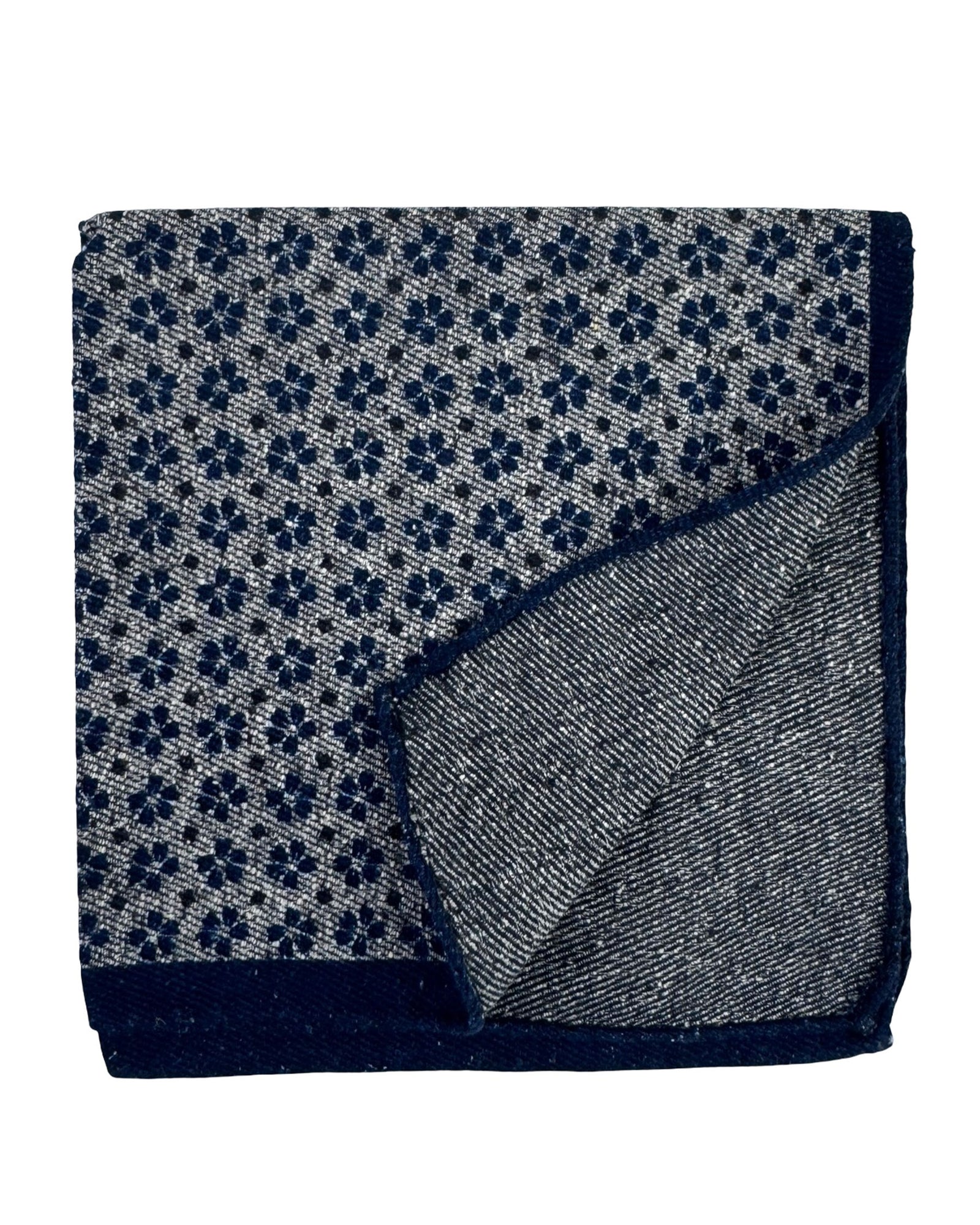 Luigi Borrelli Pocket Square Gray Navy Mini Flowers - Cotton Silk