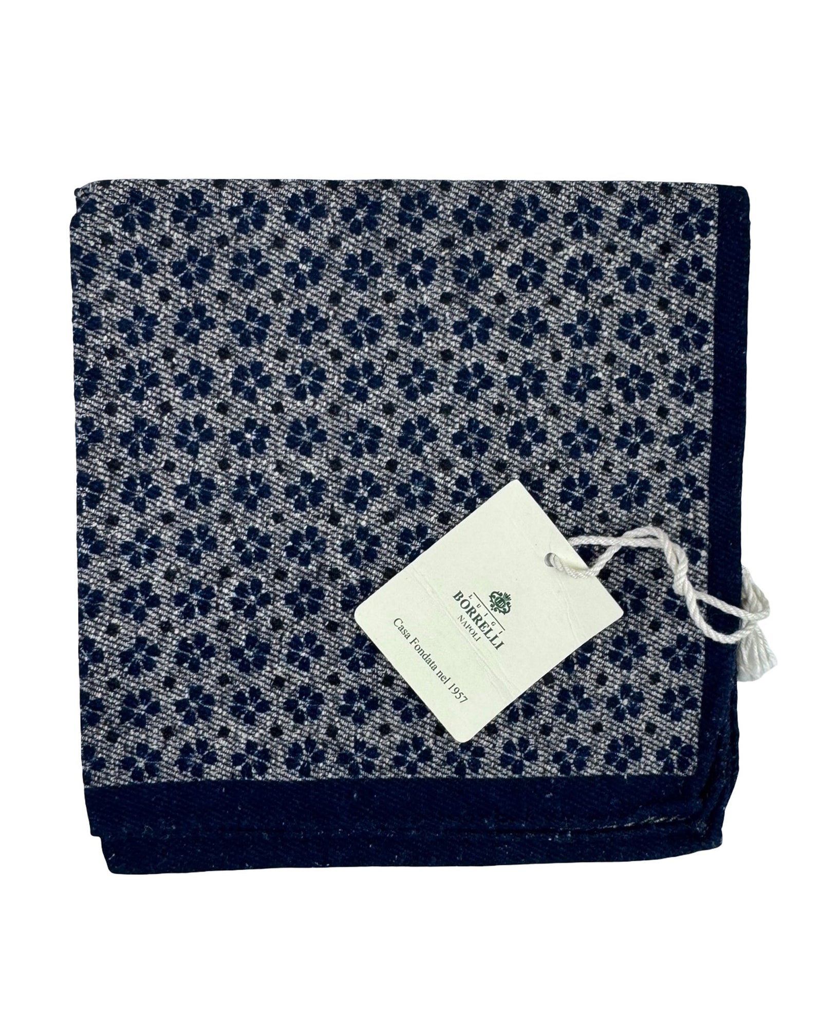 Luigi Borrelli Pocket Square Gray Navy Mini Flowers - Cotton Silk