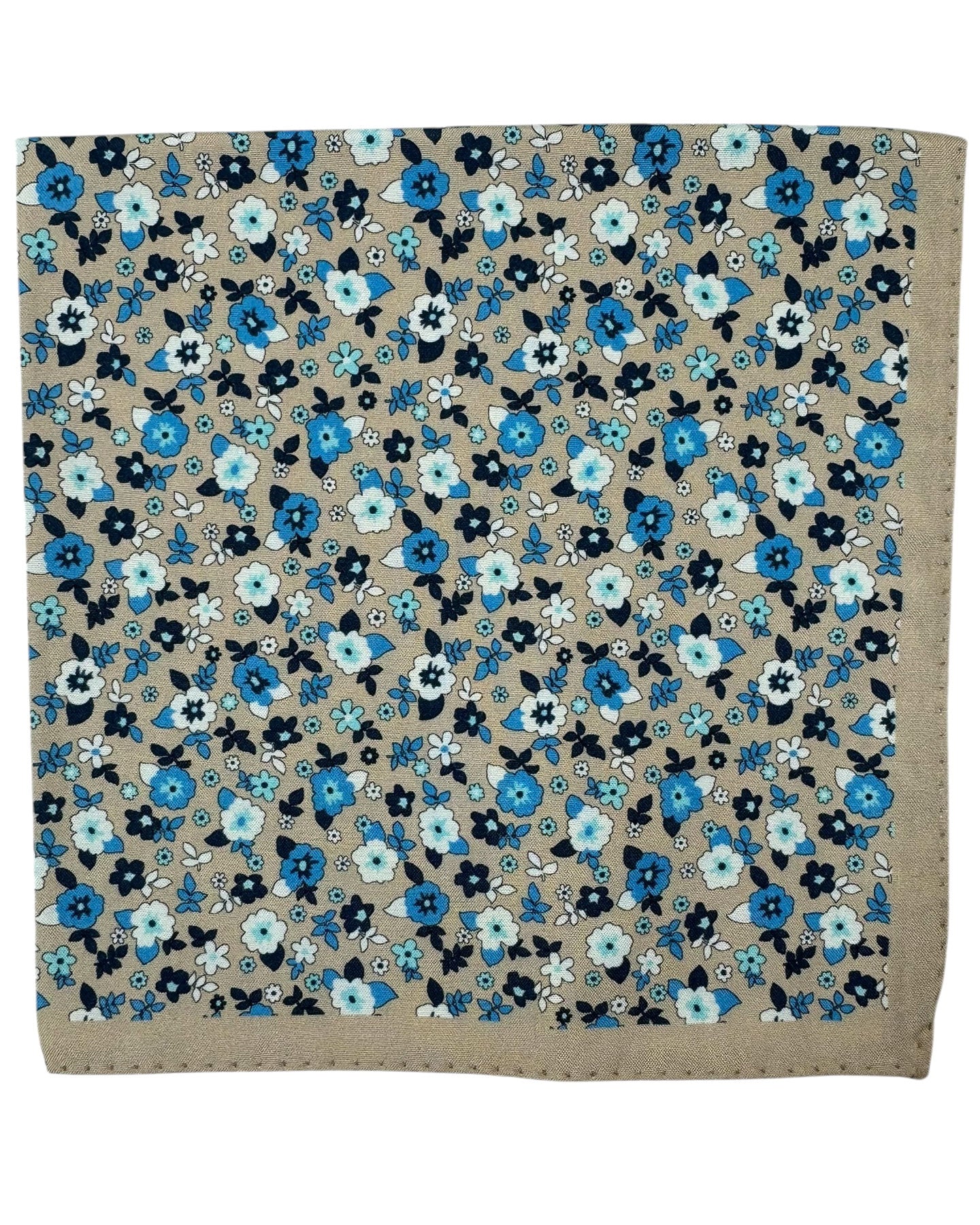 Luigi Borrelli Silk Pocket Square Taupe Blue White Flowers