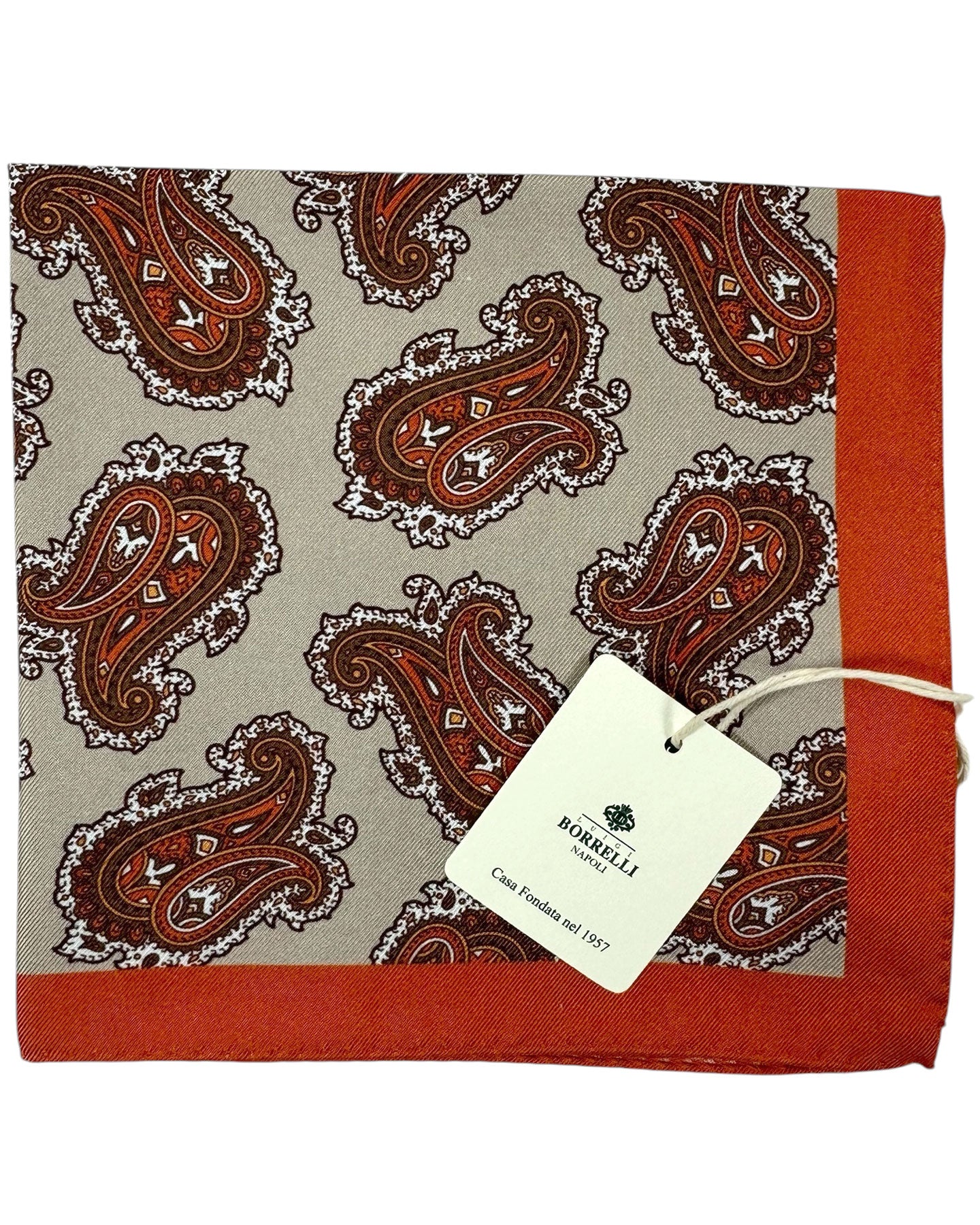 Luigi Borrelli Silk Pocket Square Orange Taupe Paisley