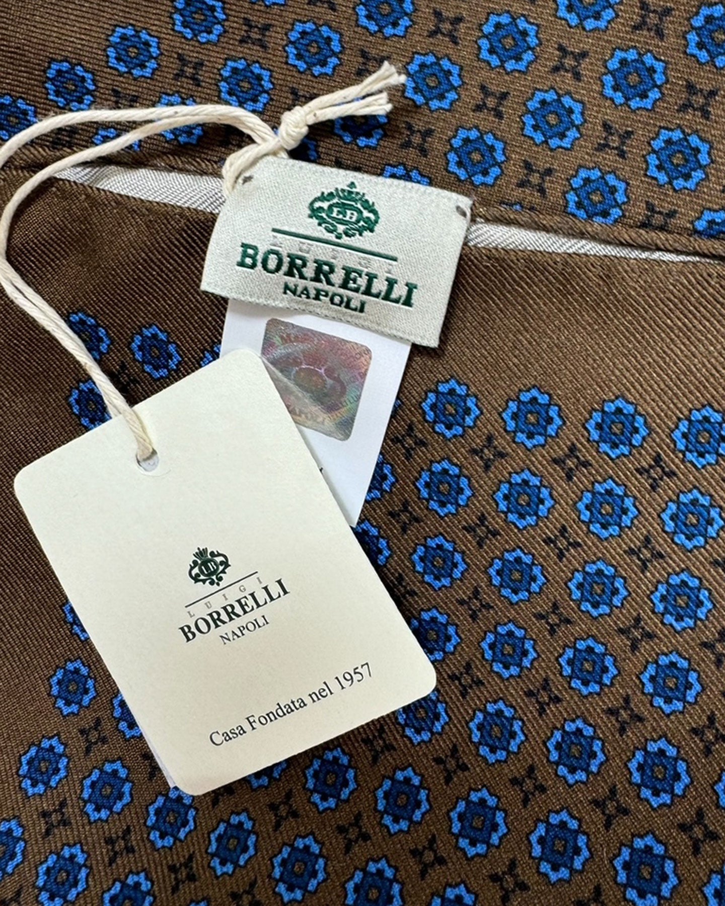 Luigi Borrelli Silk Pocket Square Brown Blue Floral