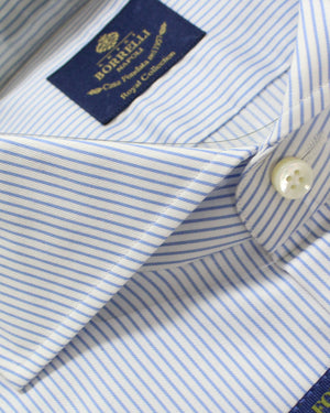 Luigi Borrelli Dress Shirt White Blue Stripes 44 - 17 1/2 Royal Collection