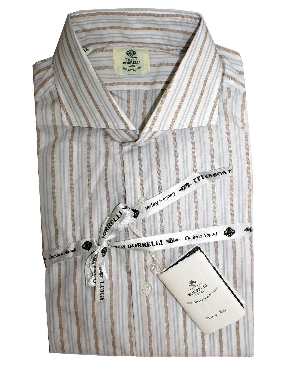 Luigi Borrelli Dress Shirt White Taupe Gray Stripes 