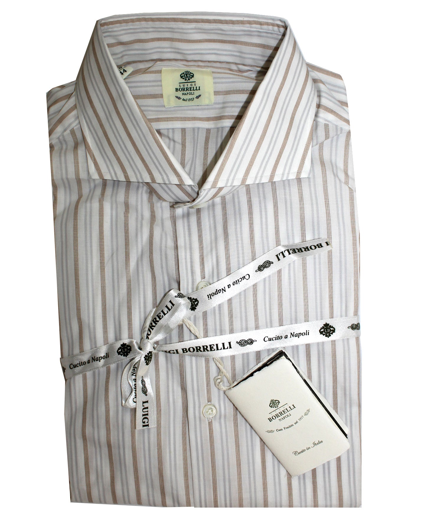 Luigi Borrelli Dress Shirt White Taupe Gray Stripes 