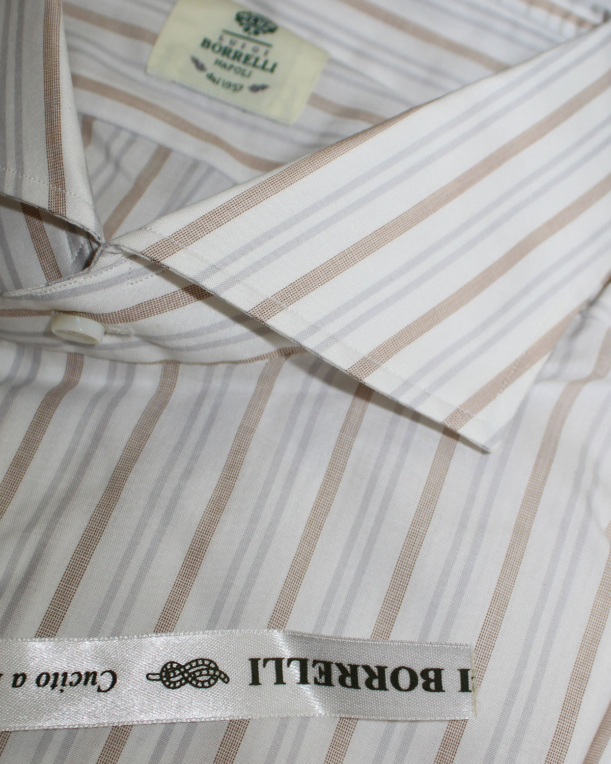 Luigi Borrelli Dress Shirt White Taupe Gray Stripes 44 - 17 1/2
