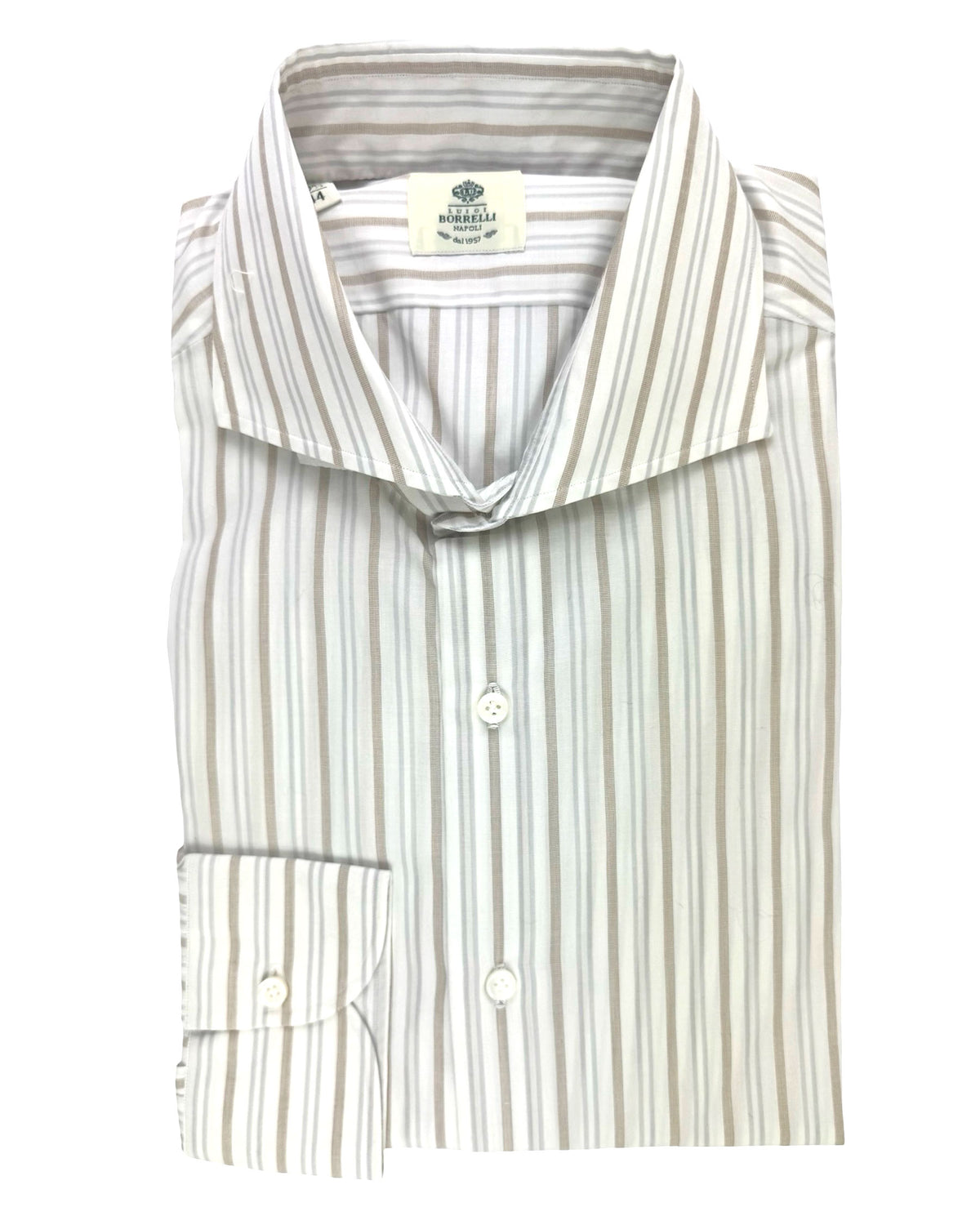 Luigi Borrelli Dress Shirt White Taupe Gray Stripes 44 - 17 1/2 Cutaway Collar SALE
