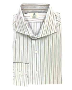 Luigi Borrelli Dress Shirt White Taupe Gray Stripes 44 - 17 1/2 Cutaway Collar SALE