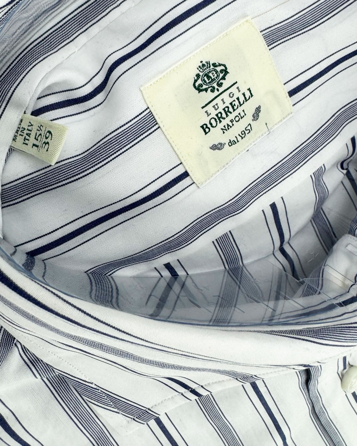 Luigi Borrelli Dress Shirt White Dark Blue Stripes 39 - 15 1/2
