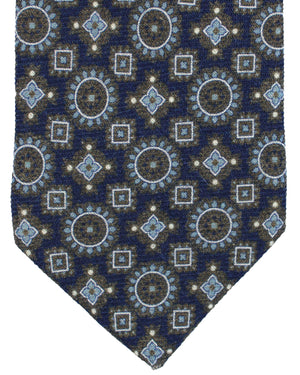 Luigi Borrelli Wool Tie Dark Blue Brown Medallions