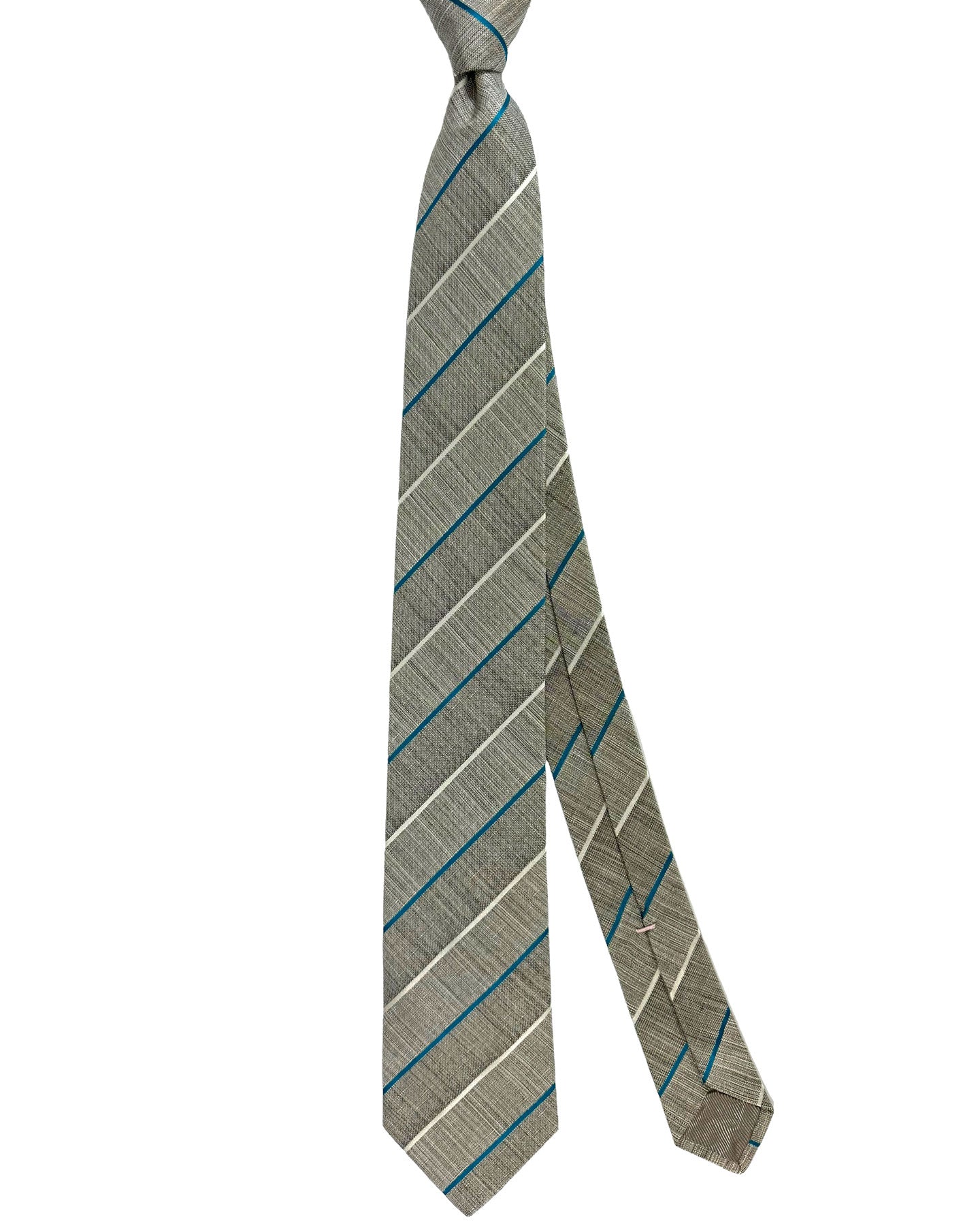 Luigi Borrelli Silk Tie Taupe Aqua Silver Stripes