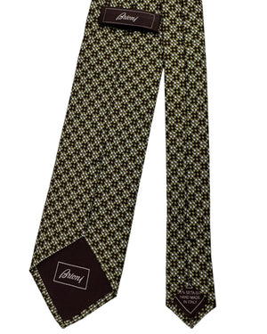 Brioni Silk Tie Black Diagonal Plaid with Gold Accents