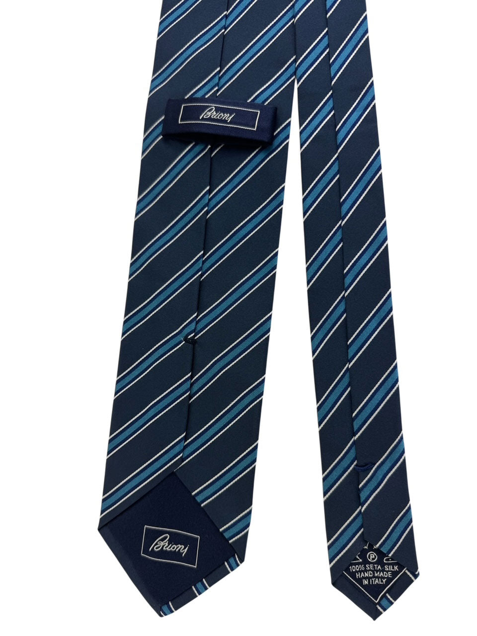 Brioni Silk Tie Navy Blue Silver Stripes