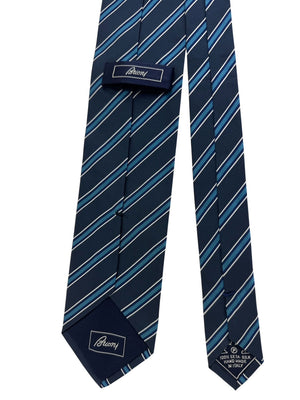 Brioni Silk Tie Navy Blue Silver Stripes