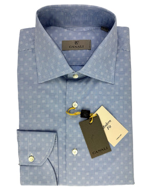 Canali Dress Shirt White Blue Mini Check Houndstootth Spot
