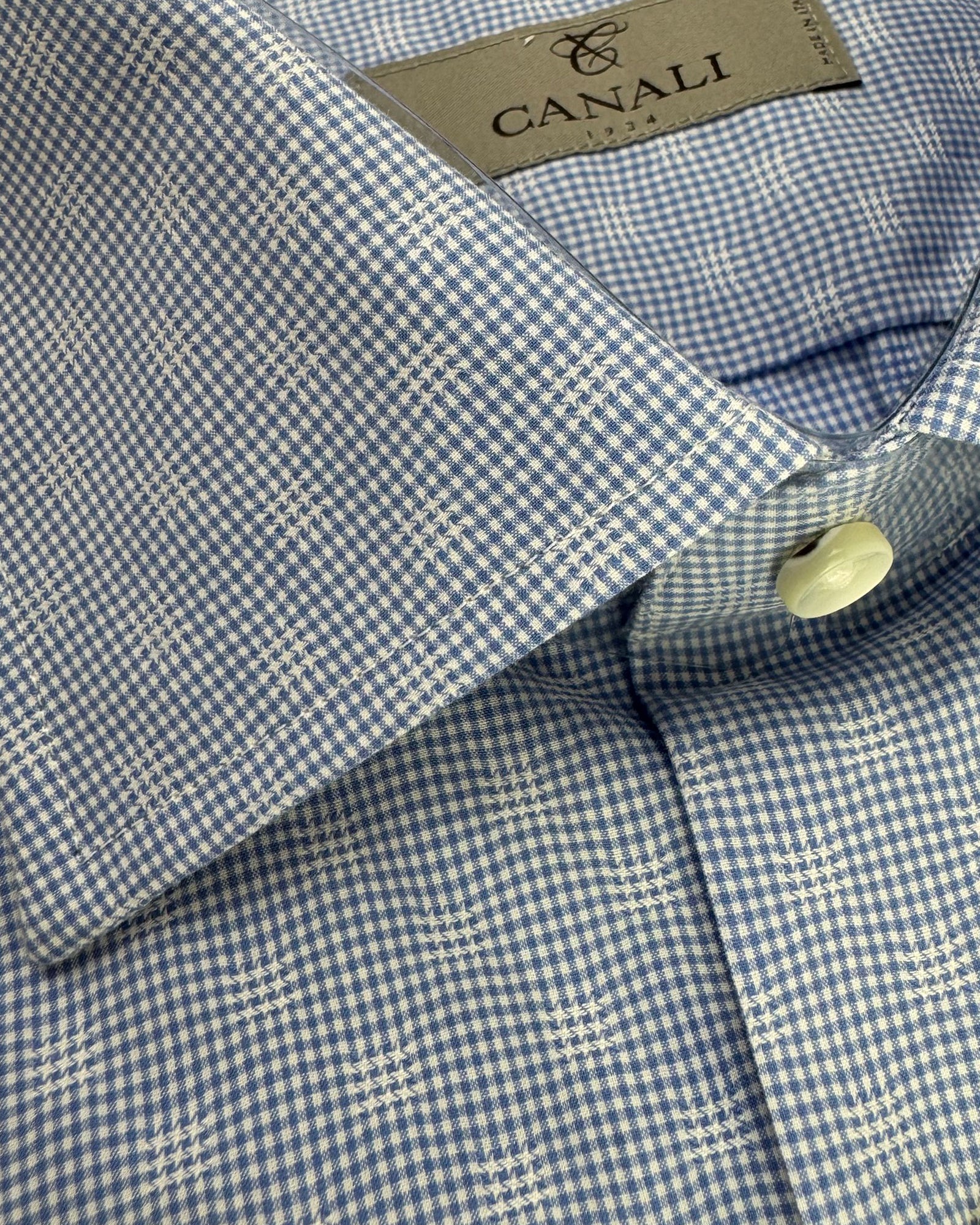 Canali Dress Shirt White Blue Mini Check Houndstootth Spot