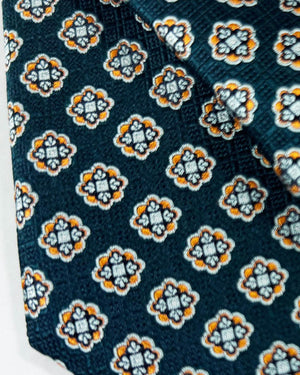 Canali Silk Tie Dark Green Gray Rust Orange Medallions