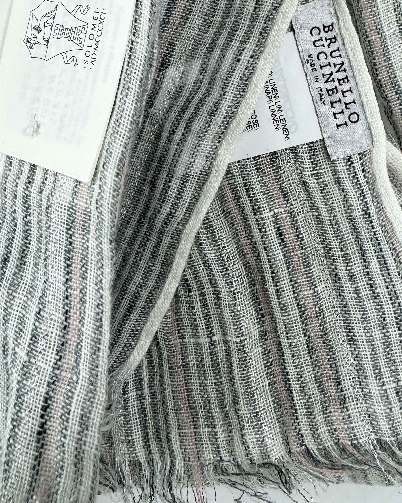 Brunello Cucinelli Scarf White Silver Black Light Pink Stripes - Linen Shawl SALE