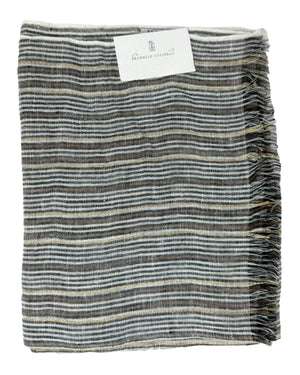 Brunello Cucinelli Scarf White Brown Black Gold Stripes - Linen Men Shawl SALE